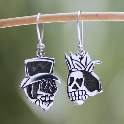 Sterling silver dangle earrings, 'Deadly Handsome Couple' - Sterling silver dangle earrings