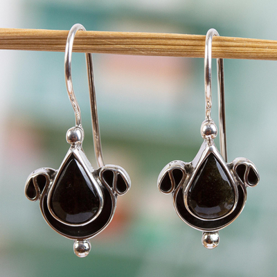 Obsidian drop earrings, 'Eye of the Night' - Fair Trade Sterling Silver Obsidian Earrings