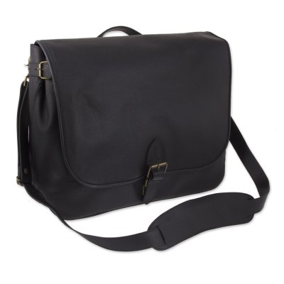 Leather briefcase, 'Executive Elegance' - Black Leather Briefcase Handmade in Mexico