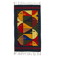 Zapotec wool rug, Fish Fiesta (2x3.5)