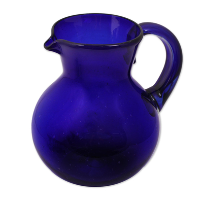 Glass pitcher, 'Cobalt Light' - Handblown Glass Recycled Classic Blue Pitcher Serveware