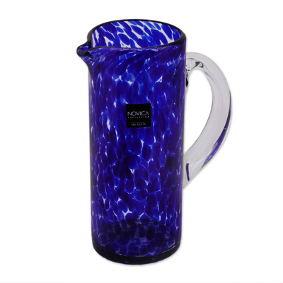 Glass pitcher, 'Dotted Blue' - Hand Blown Glass Pitcher 33 Oz Tall Clear Mexico