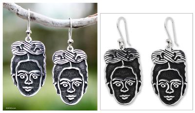 Sterling silver dangle earrings, 'Frida Kahlo' - Hand Crafted Taxco Sterling Silver Dangle Earrings