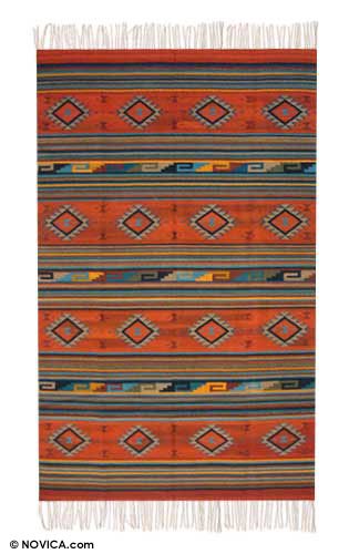 Zapotec rug, 'Diamonds at Dusk' (6x10) - Zapotec Wool Rug Red Multi 6 X 10 Ft Handmade in Mexico