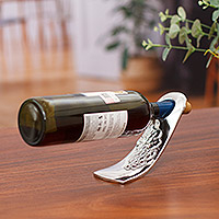 Aluminum bottle holder, 'Fancy Grapes' - Unique Hand Molded Aluminum Wine Holder Barware from Mexico