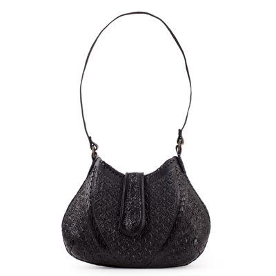 Hand Tooled Leather Shoulder Bag Handbag - Hip Chic in Black | NOVICA