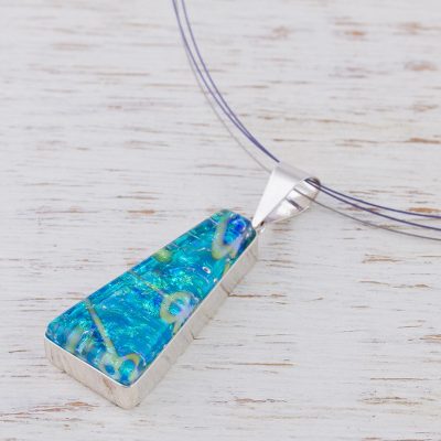 Dichroic art glass jewelry set, 'Turquoise Pyramid' - Modern Art Glass Pendant jewellery Set from Mexico