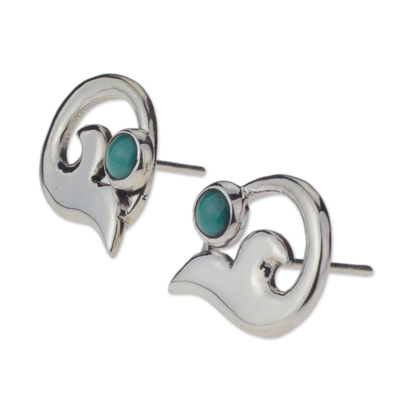 Turquoise button earrings, 'Silver Lilies' - Fair Trade Women's Taxco Silver and Turquoise Earrings