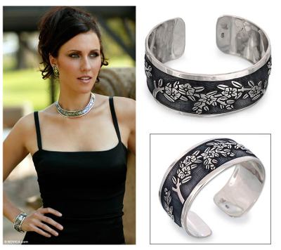 Sterling silver cuff bracelet, 'Promises' - Unique Floral Sterling Cuff Bracelet