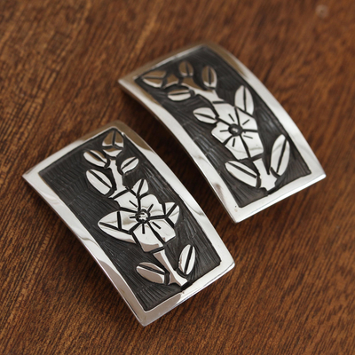 Sterling silver clip-on flower earrings, 'Promises' - Hand Crafted Taxco Sterling Clip-On Drop Earrings