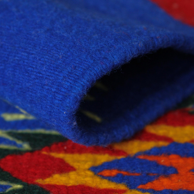 Alfombra de lana zapoteca, 'Seis soles' (2x3.5) - Alfombra de lana zapoteca azul y roja mexicana (2x3.5)