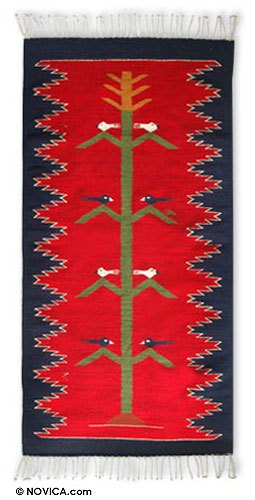 Zapotec wool rug, 'Tree of Life' (3x5) - Fair Trade Red Wool Bird Rug from Mexico (3x5)
