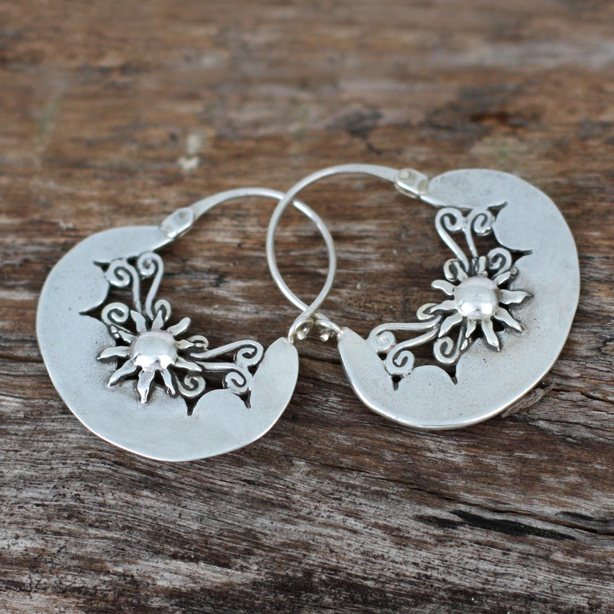 Handcrafted Sterling Silver Hoop Earrings from Mexico, 'Sun Renaissance'