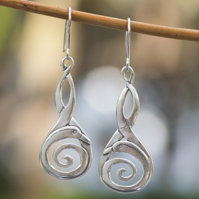 Sterling silver dangle earrings, 'Silver Swan' - Unique Sterling Silver Abstract Bird Earrings from Mexico