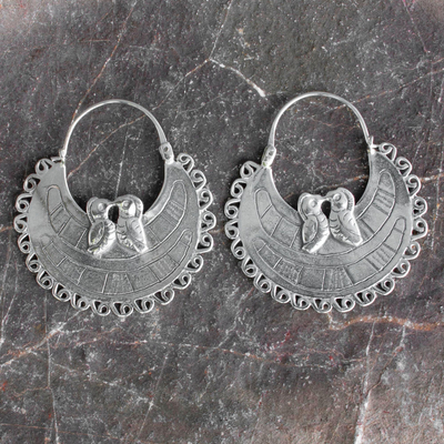 Sterling silver hoop earrings, 'Birds In Love' - Unique Sterling Silver Hoop Bird Earrings