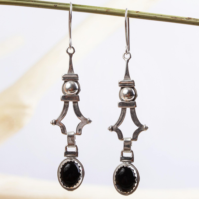Onyx dangle earrings, 'Eye of the Night' - Onyx Sterling Silver Dangle Earrings Mexico