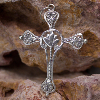 Sterling silver pendant, 'Fleur-de-Lis Cross' - Handcrafted Mexican Cross Sterling Silver Pendant