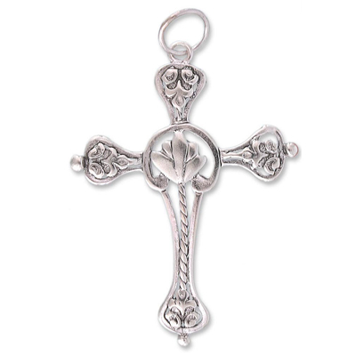 Sterling silver pendant, 'Fleur-de-Lis Cross' - Handcrafted Mexican Cross Sterling Silver Pendant