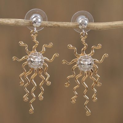 Gold accented sterling silver dangle earrings, 'Mexican Sun' - Gold Accented Sterling Silver Sun Earrings