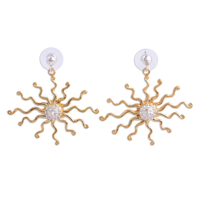 Gold plated sterling silver dangle earrings, 'Astral King Sun' - Gold Plated Sun Dangle Earrings