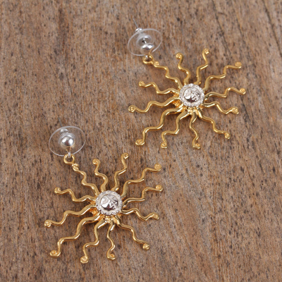 Gold plated sterling silver dangle earrings, 'Astral King Sun' - Gold Plated Sun Dangle Earrings