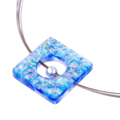Dichroic art glass pendant necklace, 'Blue Rhapsody' - Handmade Modern Glass Pendant Necklace