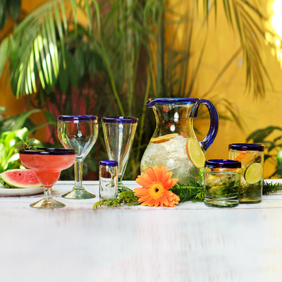 Margarita glasses, 'Happy Hour' (set of 4) - Margaritas Handblown Glass Blue Cocktail Drinkware Set of 4