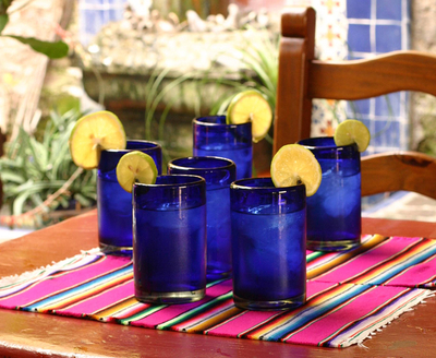Blown glass drinking glasses, 'Pure Cobalt' (set of 6) - Handblown Glass Recycled Blue Tumblers Drinkware (Set of 6)