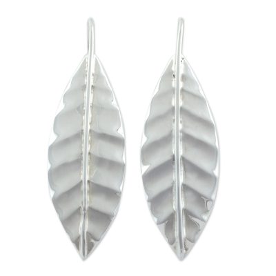 Sterling silver drop earrings, 'Frost' - Drop Style Silver Leaf Earrings Handmade in Mexico