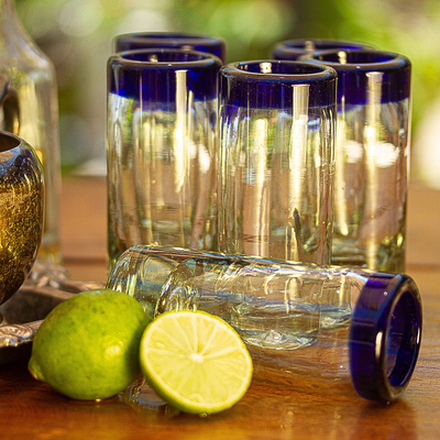 Copas de tequila de vidrio soplado, (juego de 6) - Vasos de chupito con borde azul de vidrio reciclado soplado a mano (juego de 6)