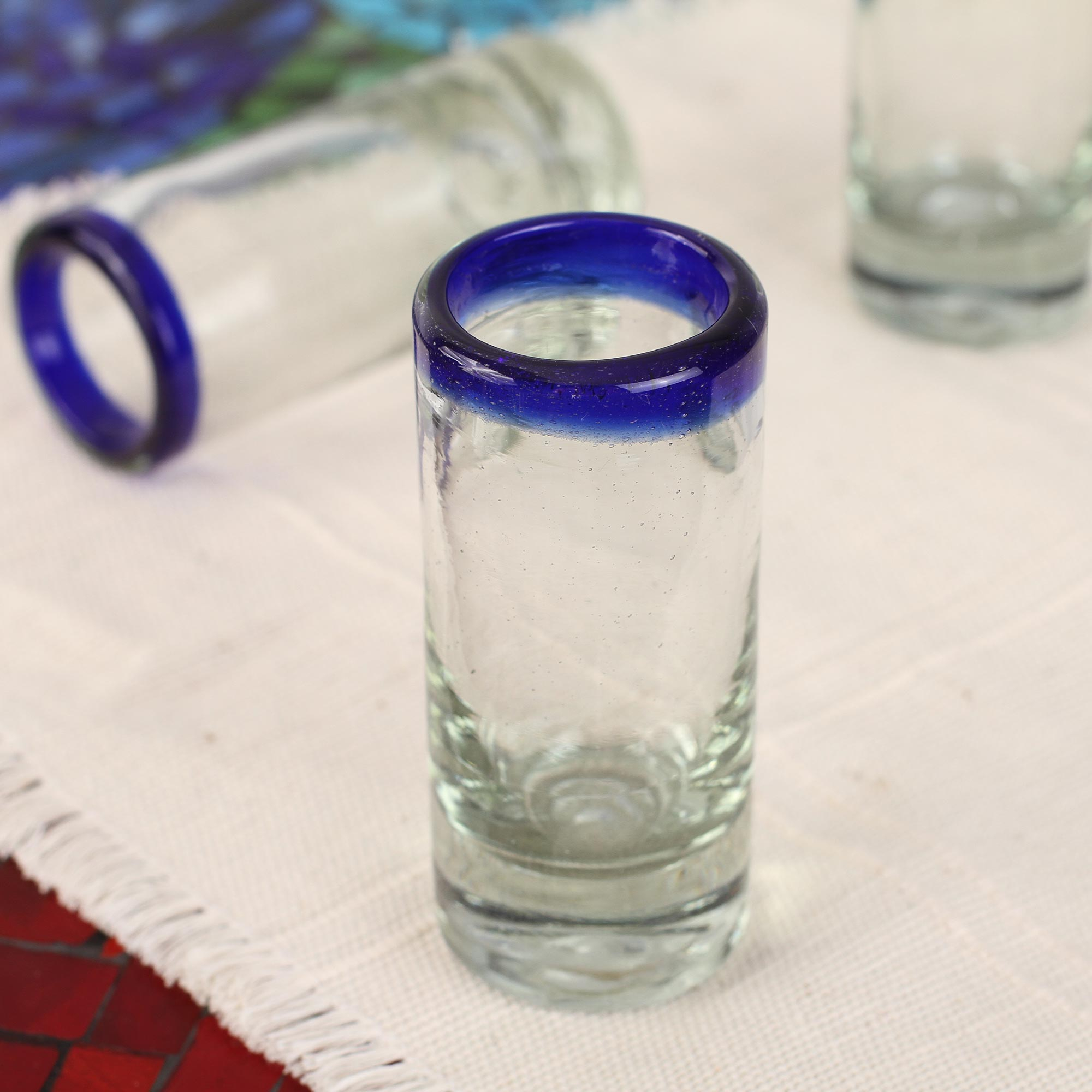 Handblown Recycled Glass Blue Rim Shot Glasses Set Of 6 Cobalt Classics Novica
