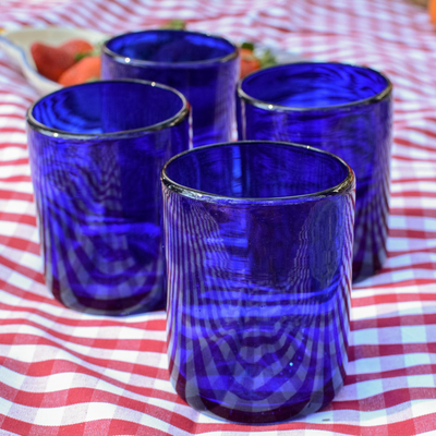 Vasos de vidrio soplado, (juego de 6) - Juego de 6 vasos de vidrio soplado a mano azul México
