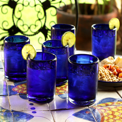 Mundgeblasene Glasbecher, (6er-Set) - Blaue mundgeblasene Glasbecher, 6er-Set, Mexiko