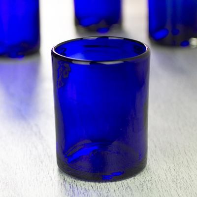 Vasos de vidrio soplado, (juego de 6) - Juego de 6 vasos de vidrio soplado a mano azul México