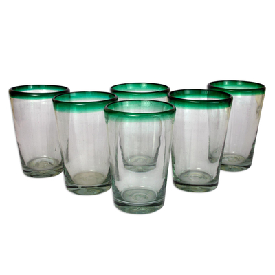 Drinking glasses, 'Conical' (set of 6) - Handblown Glass Clear and Green Water Glasses Set of 6