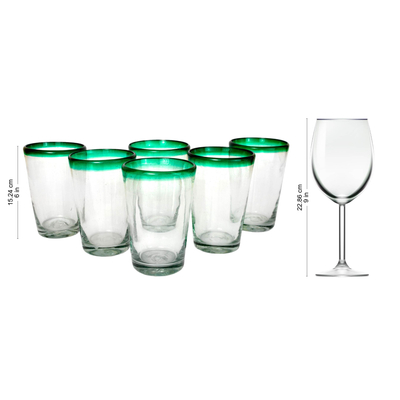 Handblown Glass Clear and Green Water Glasses Set of 6, 'Conical