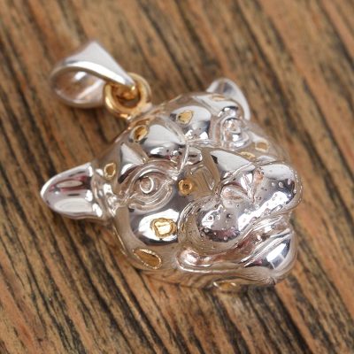 Gold accented sterling silver pendant, 'Jaguar' - Women's Gold Accented Silver Wild Cat Pendant