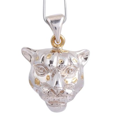 Gold accented sterling silver pendant, 'Jaguar' - Women's Gold Accented Silver Wild Cat Pendant