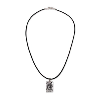 Leather pendant necklace, 'Aztec Sun' - Handcrafted Sterling Silver Pendant Necklace from Mexico