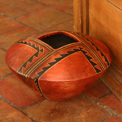 Ceramic vase, 'Black Lightning' - Unique Square Mouth Ancient Ceramic Vessel Art Mexico