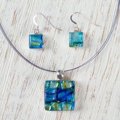 Dichroic art glass jewelry set, 'Caribbean Horizon' - Unique Modern Art Glass Pendant jewellery Set from Mexico