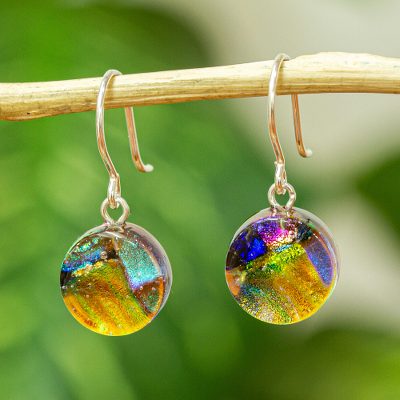 Dichroic art glass earrings, 'Joy' - Dichric Glass Dangle Earrings
