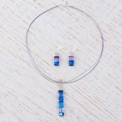 Dichroic art glass jewelry set, 'Luminous Blue' - Hand Crafted Modern Glass Pendant jewellery Set