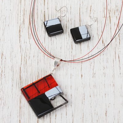 Dichroic art glass jewelry set, 'Sophisticate' - Hand Made Modern Art Glass Pendant and Earrings jewellery Se