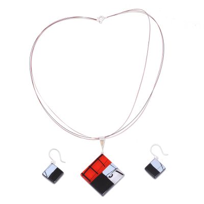 Dichroic art glass jewelry set, 'Sophisticate' - Hand Made Modern Art Glass Pendant and Earrings Jewelry Set