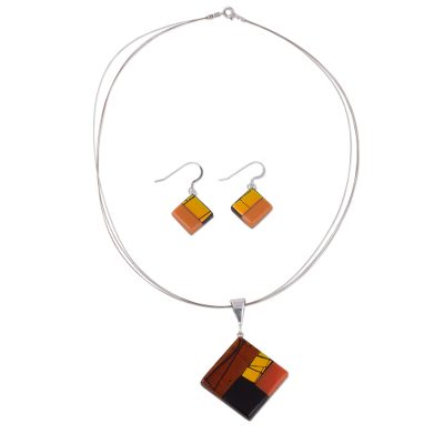 Dichroic art glass jewelry set, 'Autumn' - Modern Art Glass Pendant jewellery Set