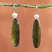 Amber and pearl drop earrings, 'Shadowed Sunlight' - Unique Sterling Silver and Amber Drop Earrings