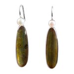 Amber and pearl drop earrings, 'Shadowed Sunlight' - Unique Sterling Silver and Amber Drop Earrings