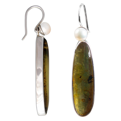 Amber and pearl drop earrings, 'Shadowed Sunlight' - Unique Sterling Silver and Amber Drop Earrings