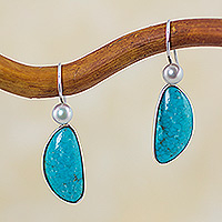 Cultured pearl and turquoise dangle earrings, 'Blue Sky Dreams'